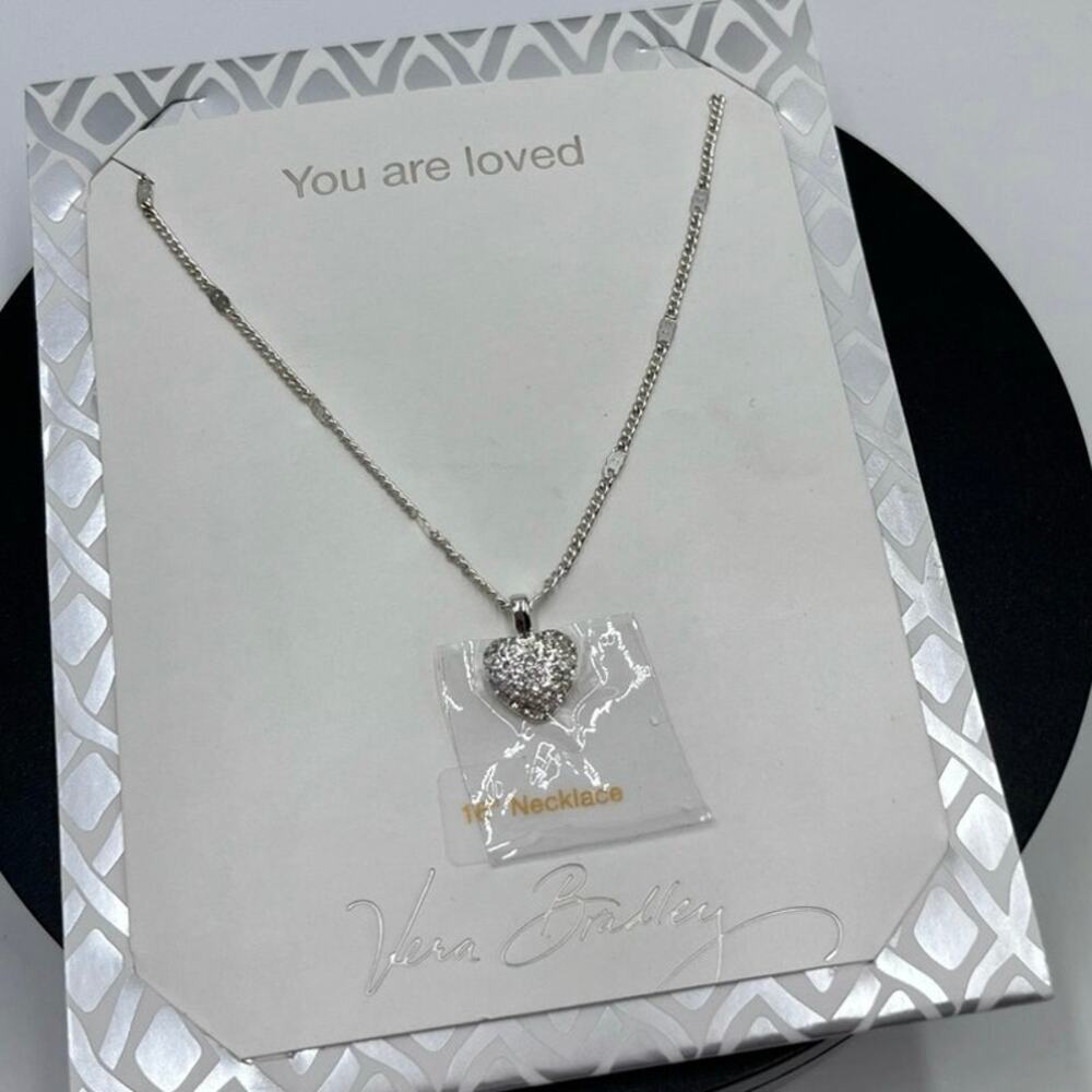 Vera Bradley You Are Loved Silver Tone Pave‎ Rhinestone Heart Necklace New